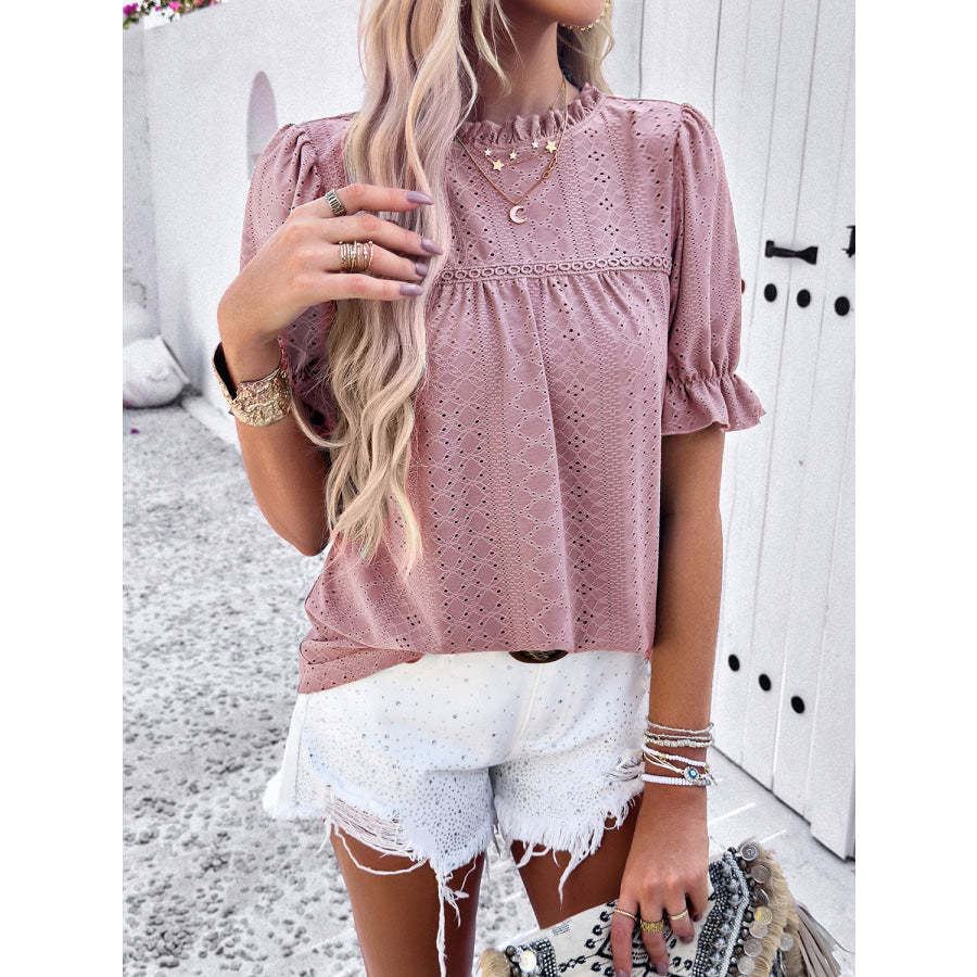 Eyelet Mock Neck Flounce Sleeve Blouse Moonlit Mauve / S Apparel and Accessories