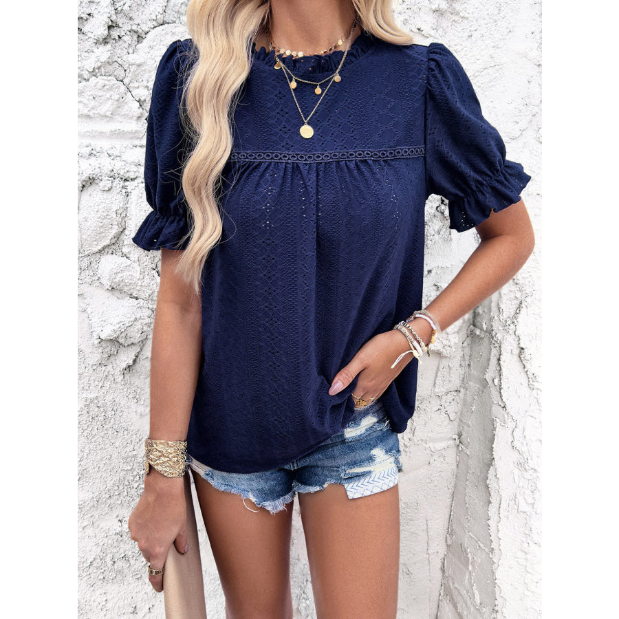 Eyelet Mock Neck Flounce Sleeve Blouse Navy / S Apparel and Accessories