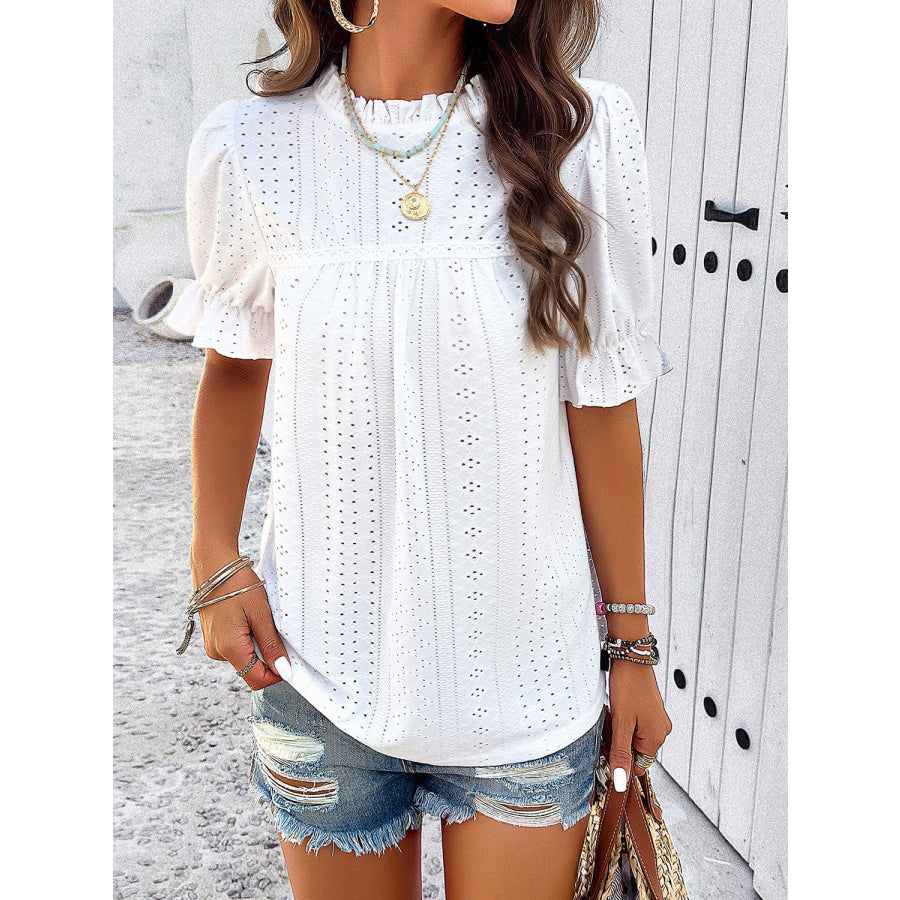 Eyelet Mock Neck Flounce Sleeve Blouse White / S Apparel and Accessories