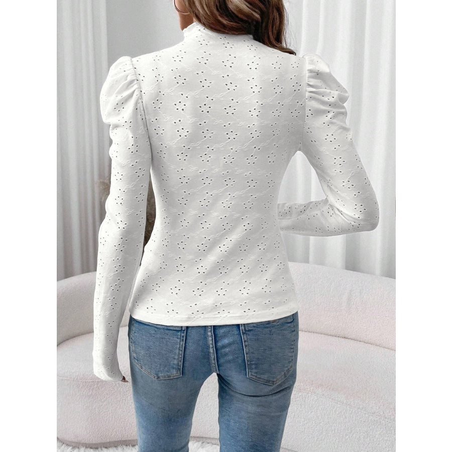 Eyelet Mock Neck Long Sleeve Top Apparel and Accessories