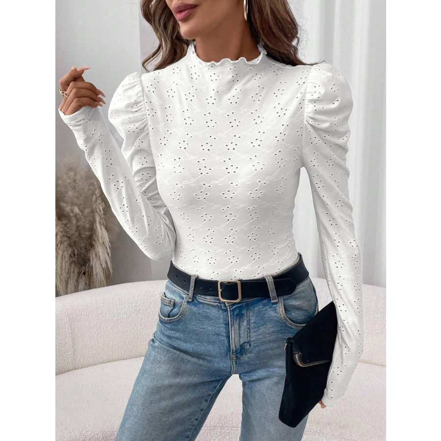 Eyelet Mock Neck Long Sleeve Top Apparel and Accessories