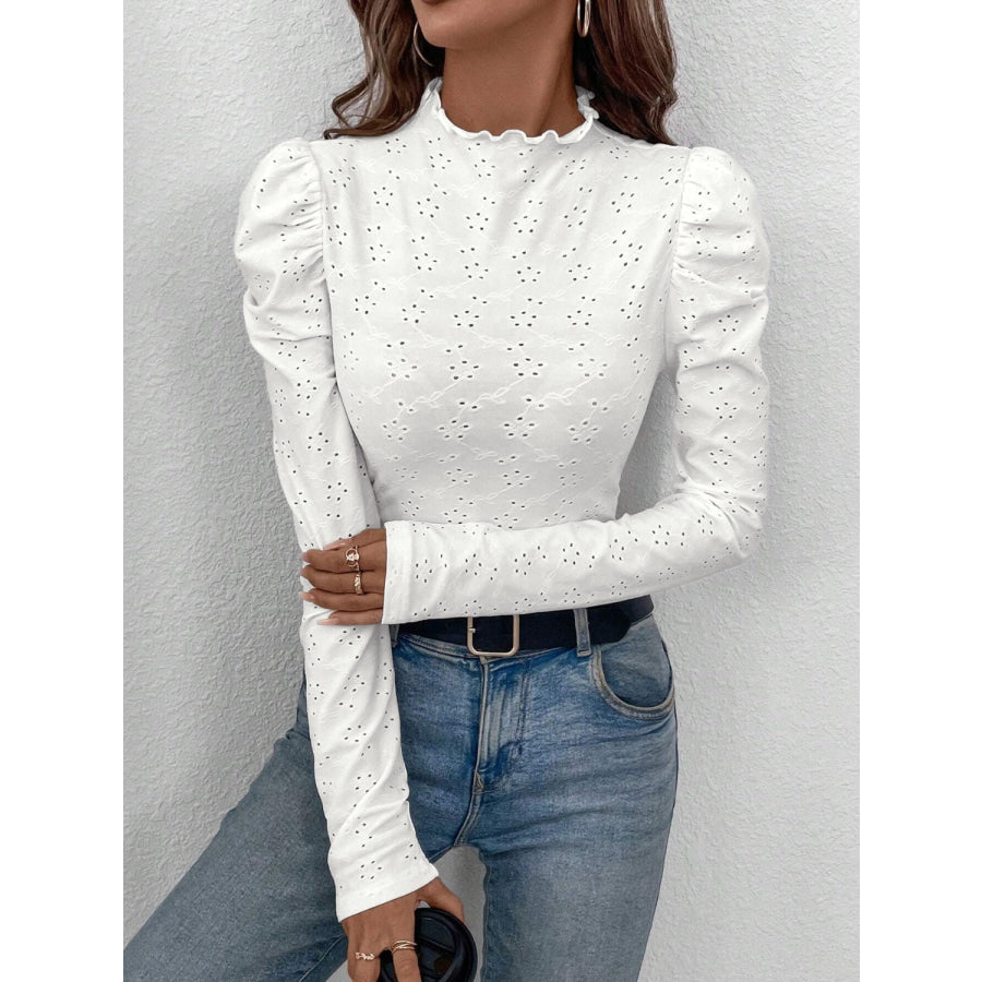 Eyelet Mock Neck Long Sleeve Top White / S Apparel and Accessories