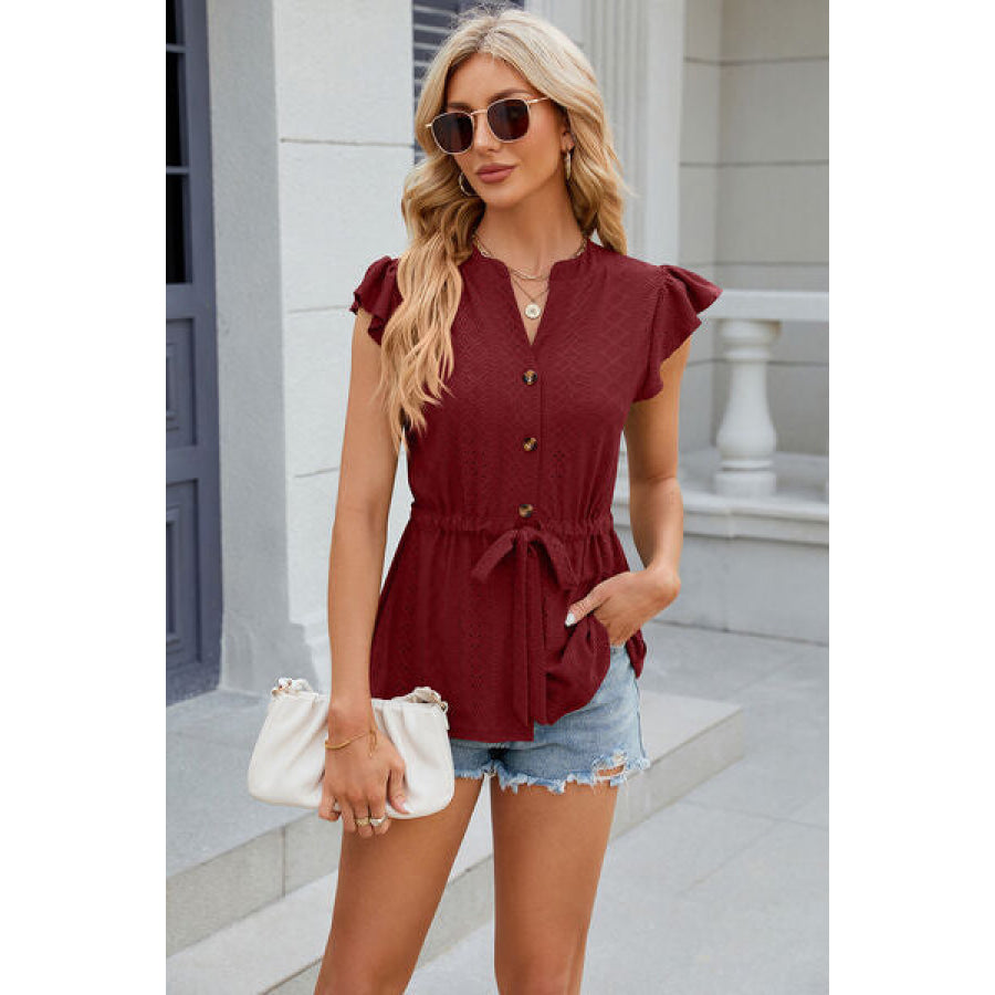 Eyelet Notched Cap Sleeve Blouse Apparel and Accessories