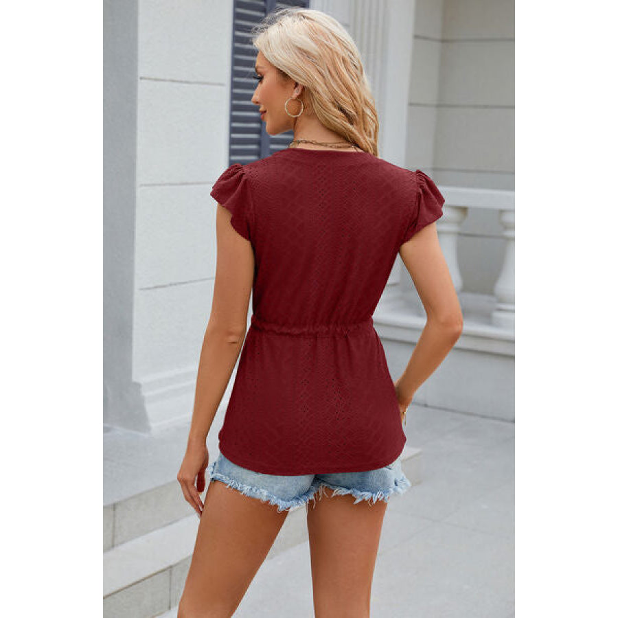 Eyelet Notched Cap Sleeve Blouse Apparel and Accessories