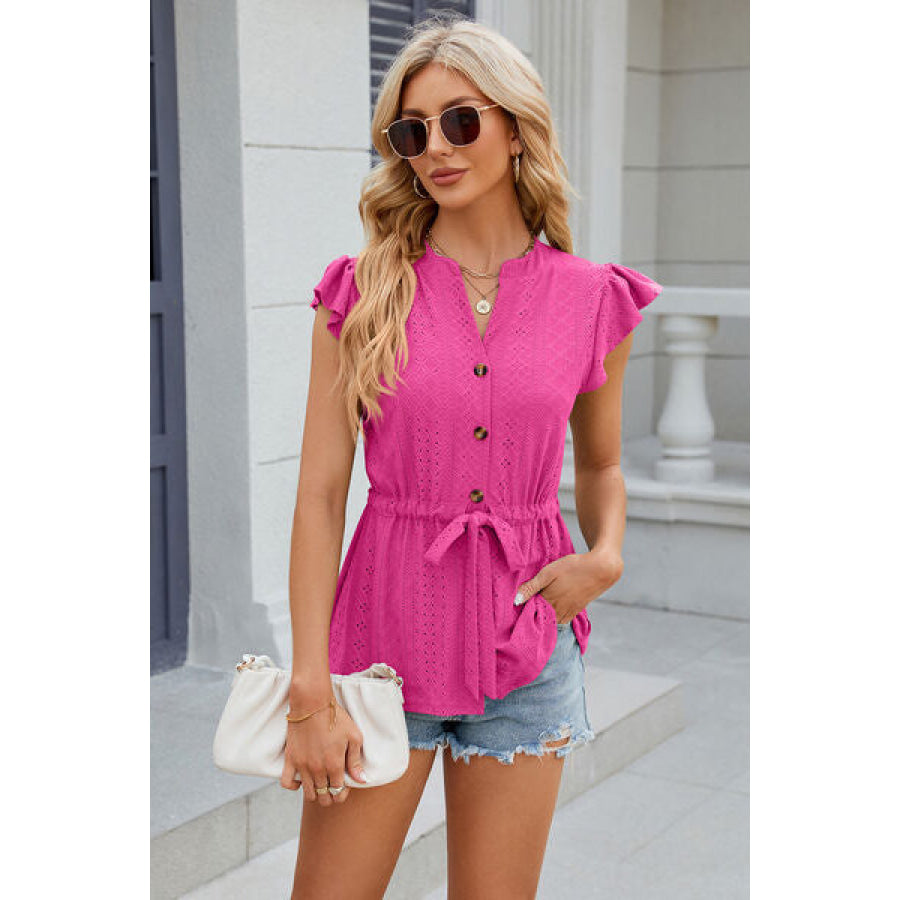 Eyelet Notched Cap Sleeve Blouse Hot Pink / S Apparel and Accessories