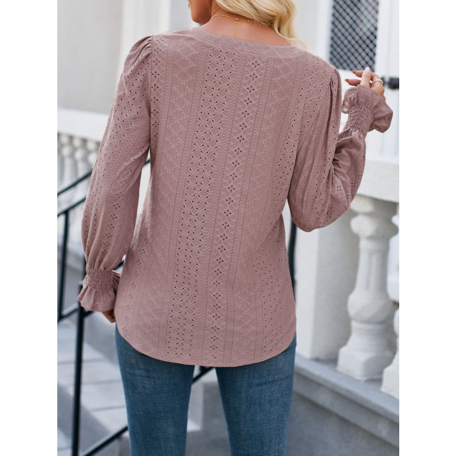 Eyelet Notched Flounce Sleeve Blouse Apparel and Accessories