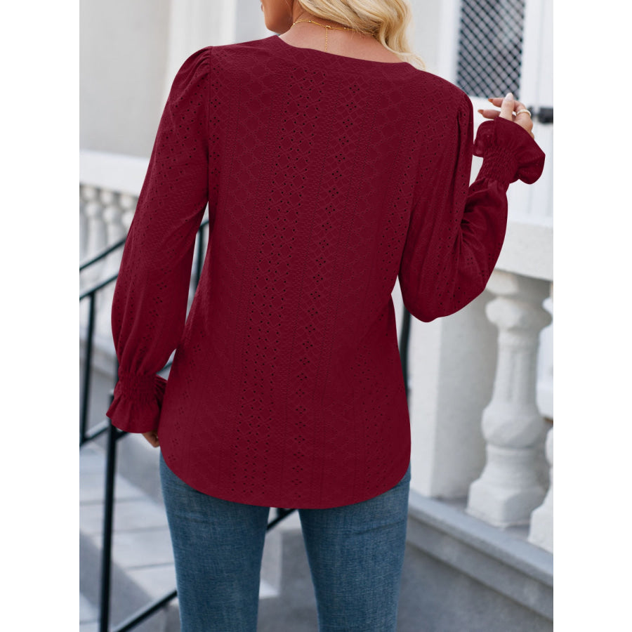 Eyelet Notched Flounce Sleeve Blouse Apparel and Accessories