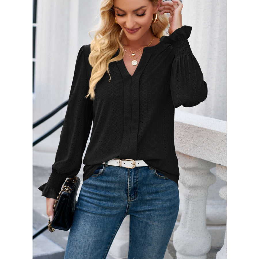 Eyelet Notched Flounce Sleeve Blouse Apparel and Accessories