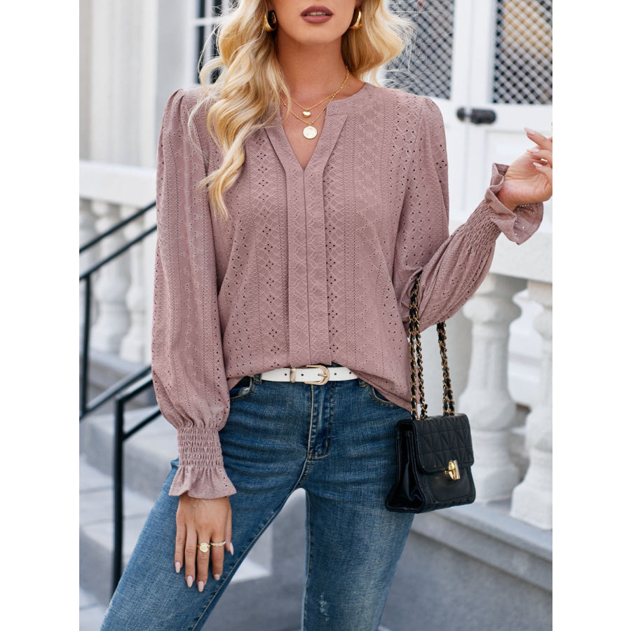 Eyelet Notched Flounce Sleeve Blouse Apparel and Accessories