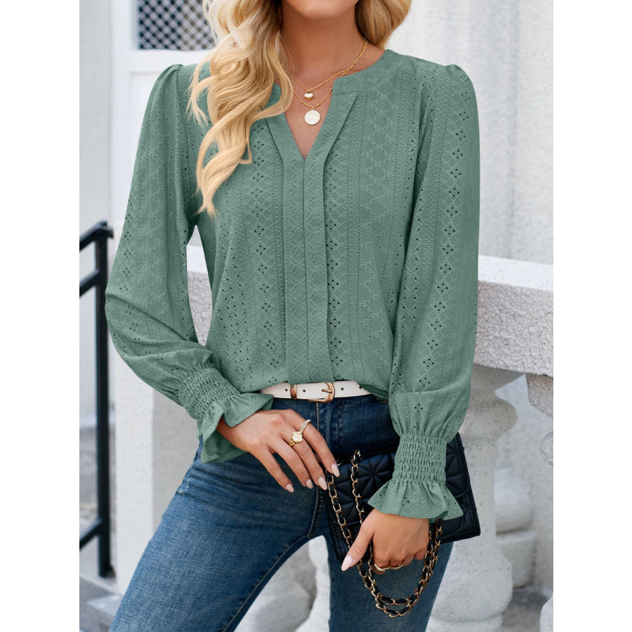 Eyelet Notched Flounce Sleeve Blouse Apparel and Accessories