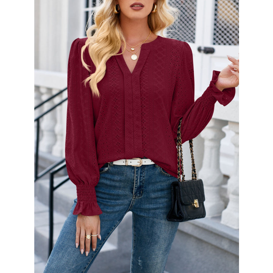 Eyelet Notched Flounce Sleeve Blouse Apparel and Accessories