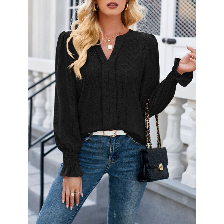 Eyelet Notched Flounce Sleeve Blouse Black / S Apparel and Accessories