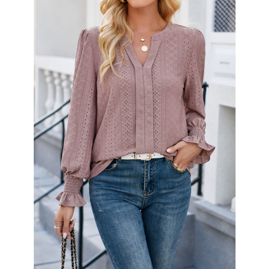 Eyelet Notched Flounce Sleeve Blouse Light Mauve / S Apparel and Accessories