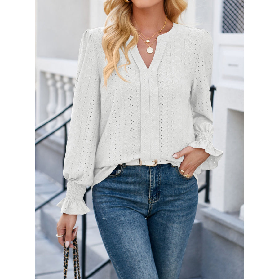 Eyelet Notched Flounce Sleeve Blouse White / S Apparel and Accessories