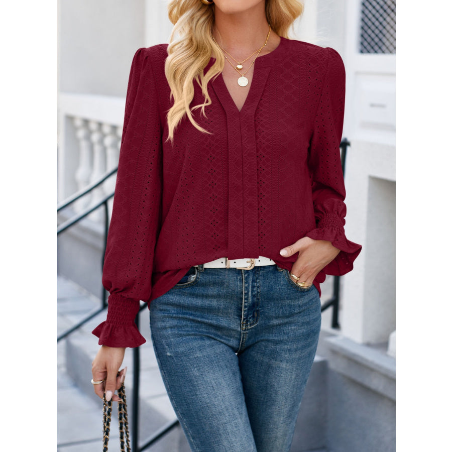 Eyelet Notched Flounce Sleeve Blouse Wine / S Apparel and Accessories