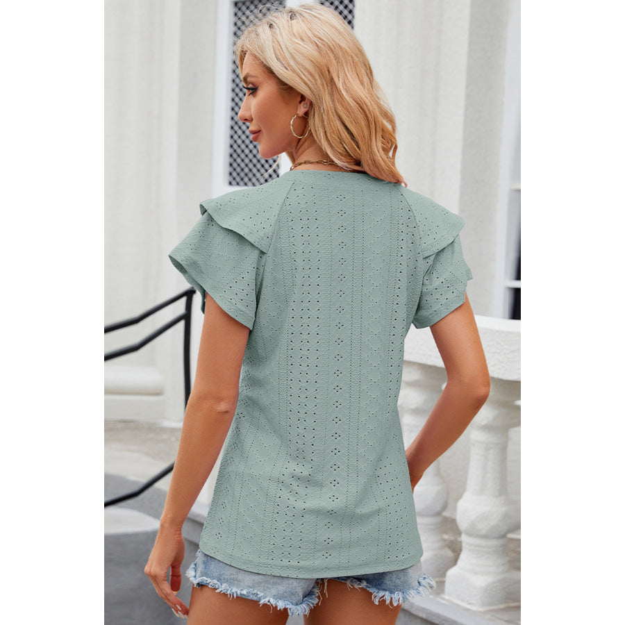 Eyelet Notched Flutter Sleeve T - Shirt Apparel and Accessories