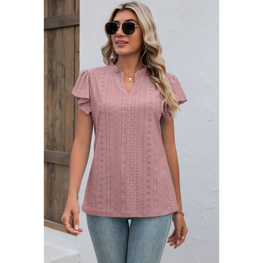 Eyelet Notched Flutter Sleeve T - Shirt Apparel and Accessories