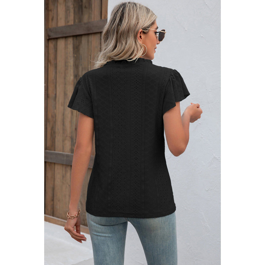 Eyelet Notched Flutter Sleeve T - Shirt Apparel and Accessories