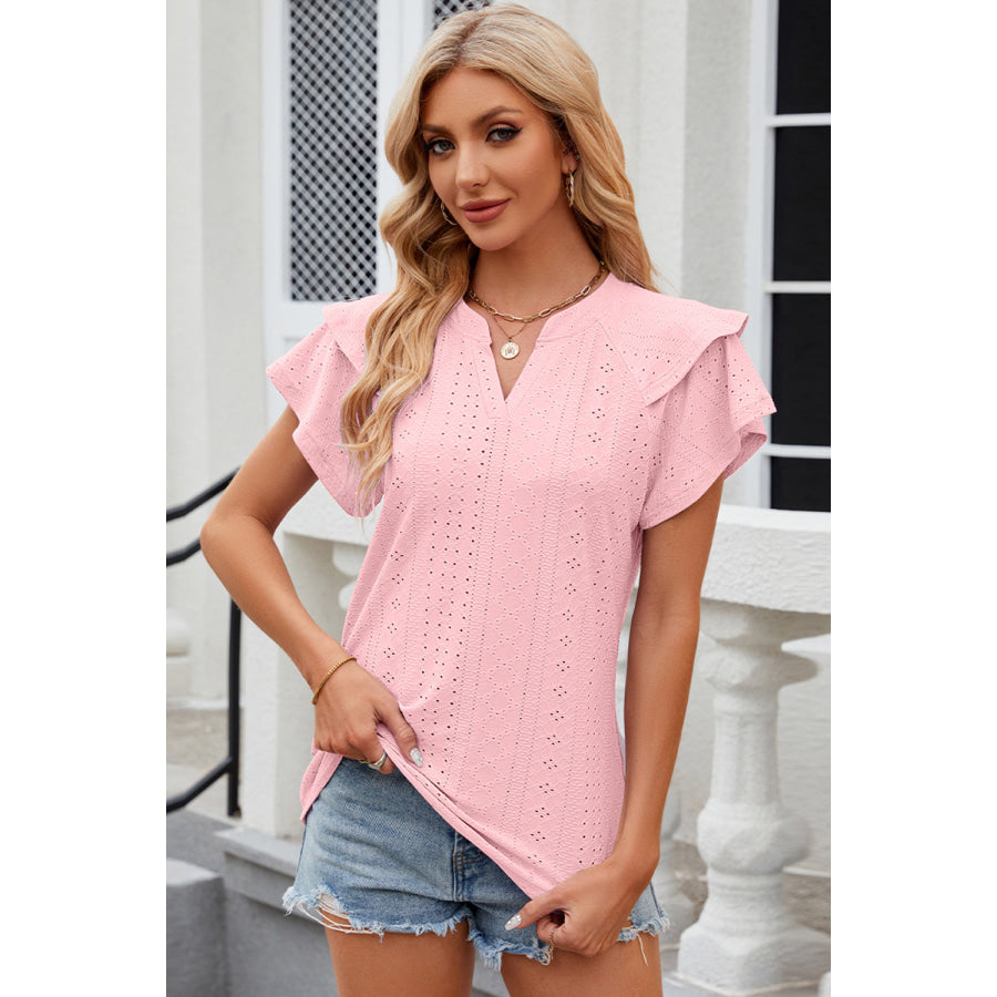 Eyelet Notched Flutter Sleeve T - Shirt Apparel and Accessories