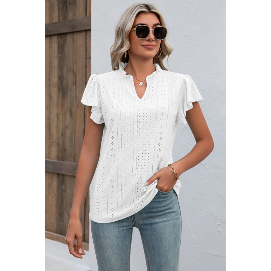Eyelet Notched Flutter Sleeve T - Shirt Apparel and Accessories