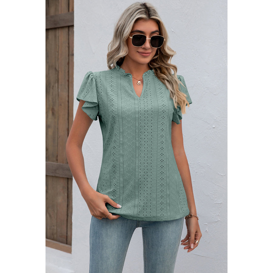 Eyelet Notched Flutter Sleeve T - Shirt Apparel and Accessories