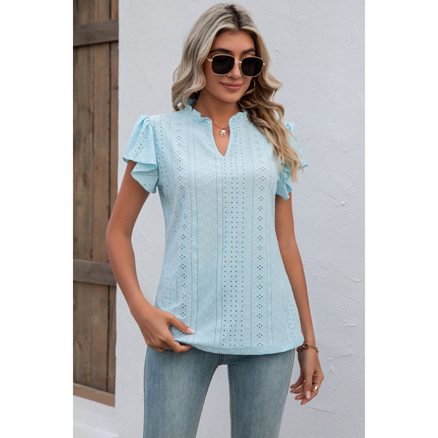 Eyelet Notched Flutter Sleeve T - Shirt Apparel and Accessories