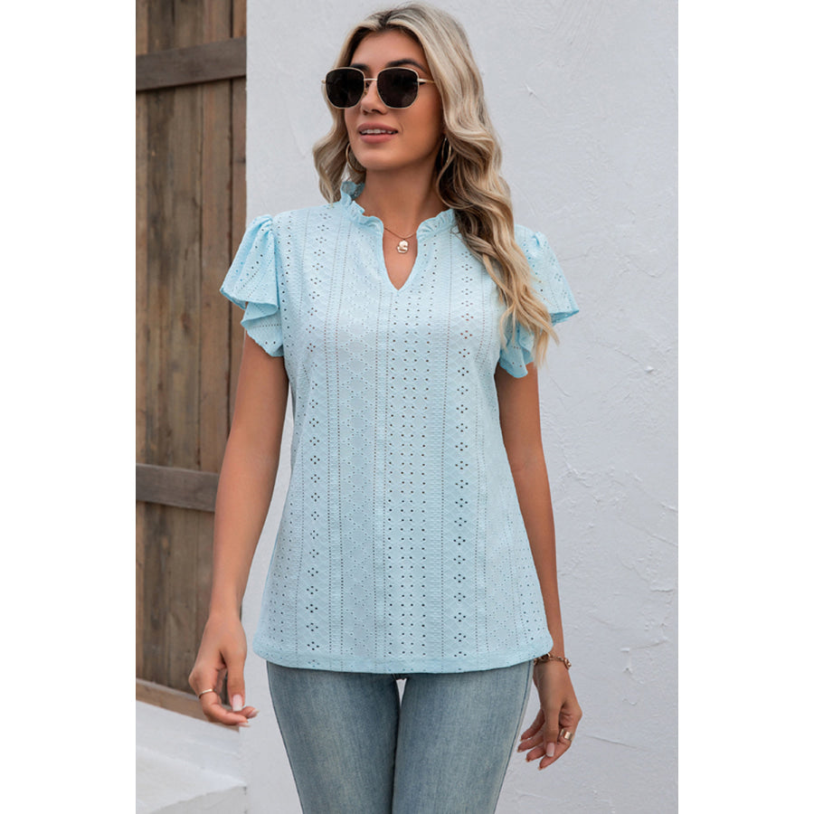 Eyelet Notched Flutter Sleeve T - Shirt Apparel and Accessories