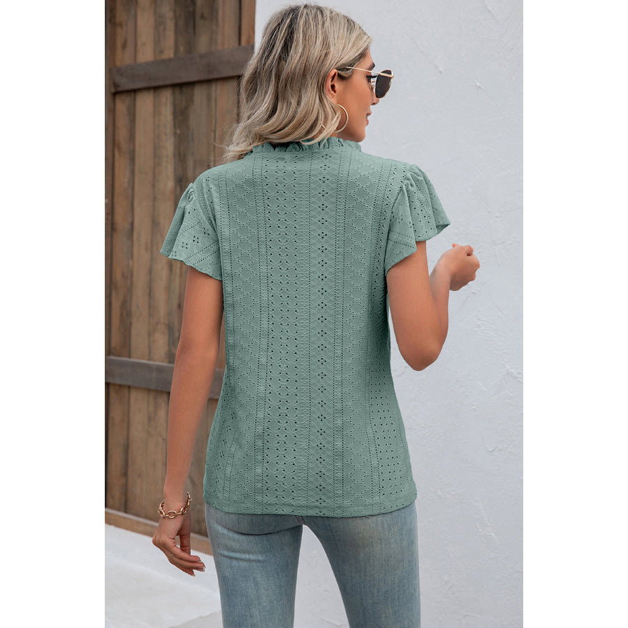 Eyelet Notched Flutter Sleeve T - Shirt Apparel and Accessories