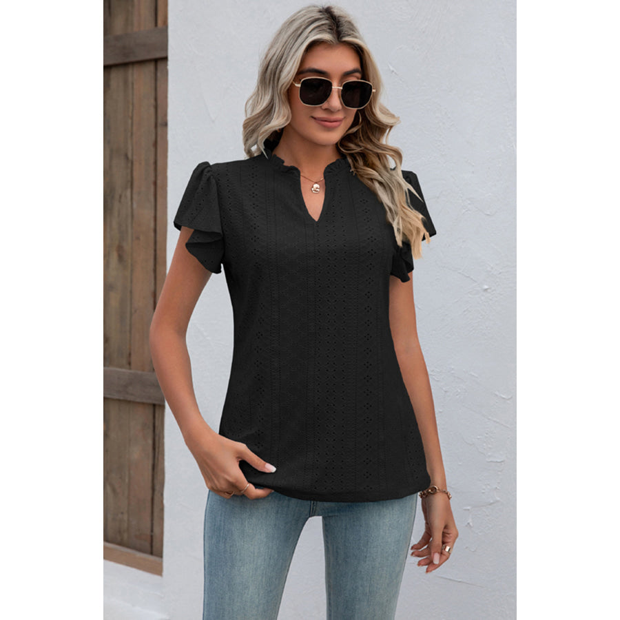Eyelet Notched Flutter Sleeve T - Shirt Apparel and Accessories