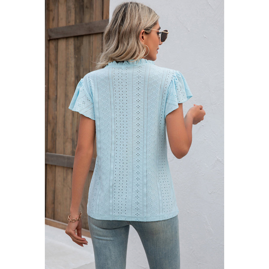 Eyelet Notched Flutter Sleeve T - Shirt Apparel and Accessories