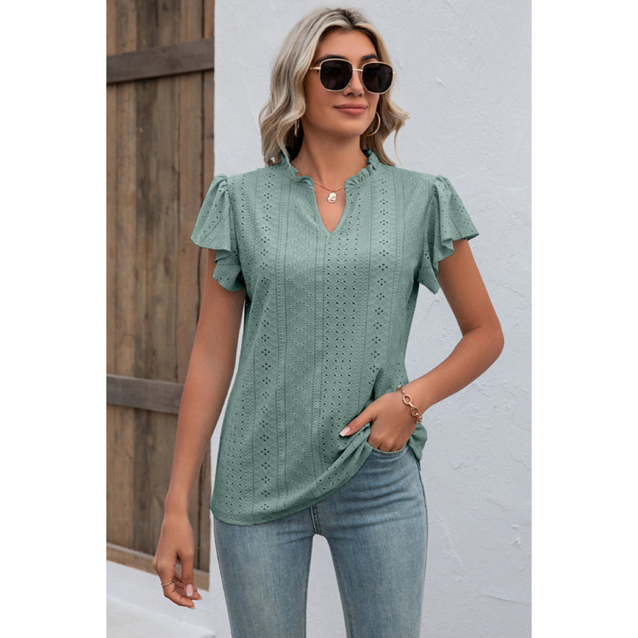 Eyelet Notched Flutter Sleeve T - Shirt Apparel and Accessories