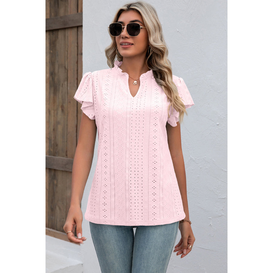 Eyelet Notched Flutter Sleeve T - Shirt Blush Pink / S Apparel and Accessories