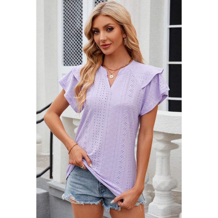 Eyelet Notched Flutter Sleeve T - Shirt Lavender / S Apparel and Accessories