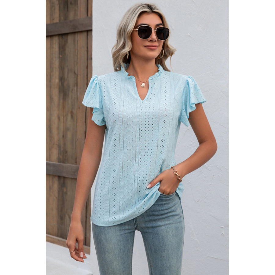 Eyelet Notched Flutter Sleeve T - Shirt Mint Blue / S Apparel and Accessories