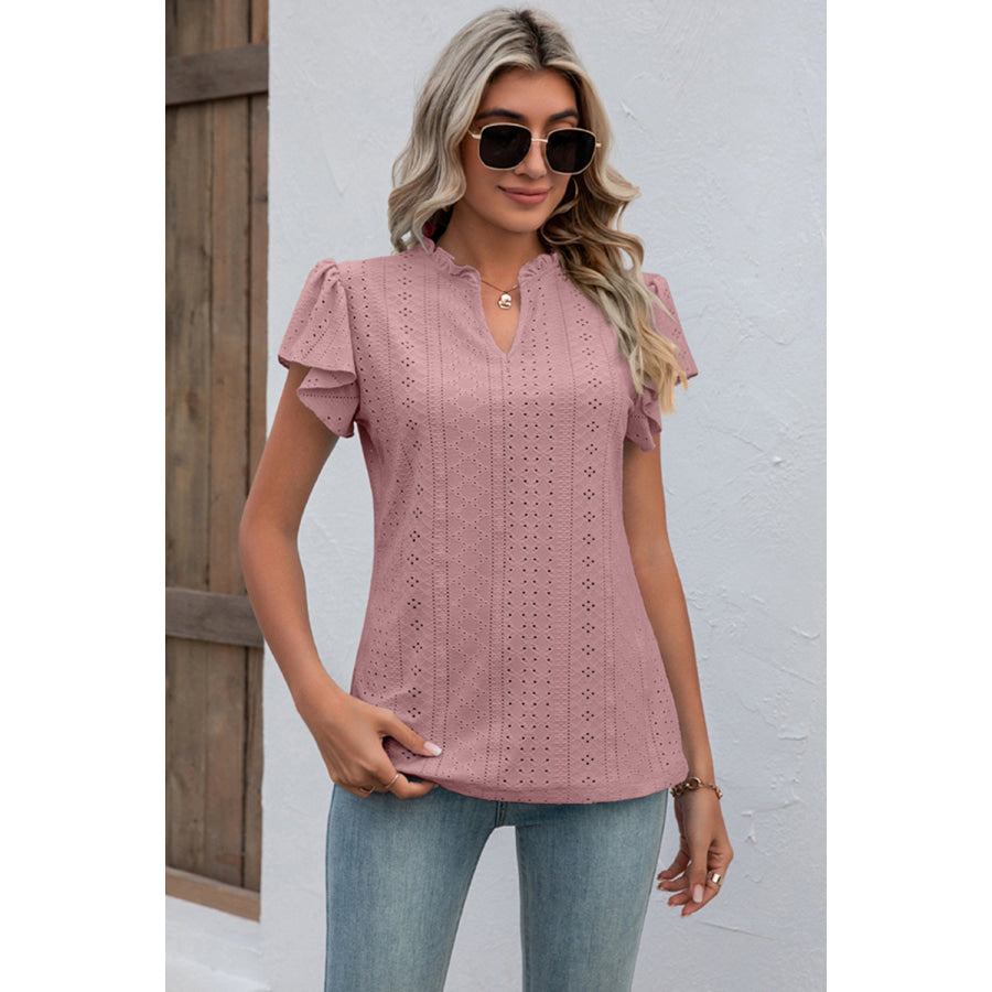 Eyelet Notched Flutter Sleeve T - Shirt Moonlit Mauve / S Apparel and Accessories