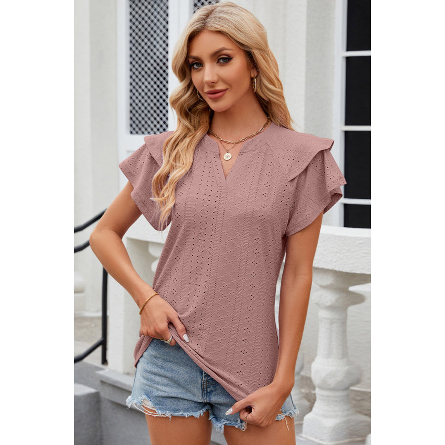 Eyelet Notched Flutter Sleeve T - Shirt Pale Blush / S Apparel and Accessories