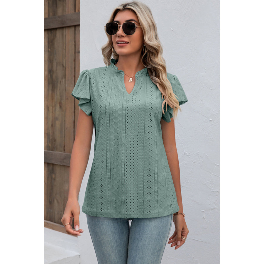 Eyelet Notched Flutter Sleeve T - Shirt Teal / S Apparel and Accessories