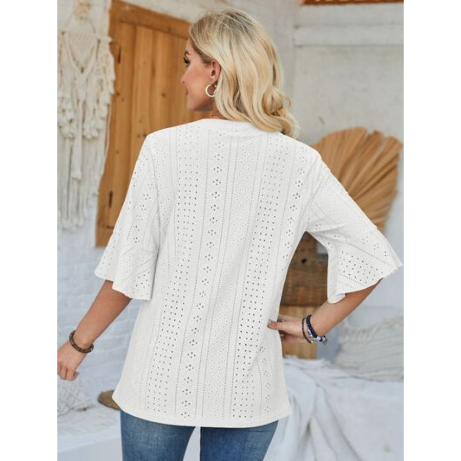 Eyelet Notched Half Sleeve T - Shirt Apparel and Accessories