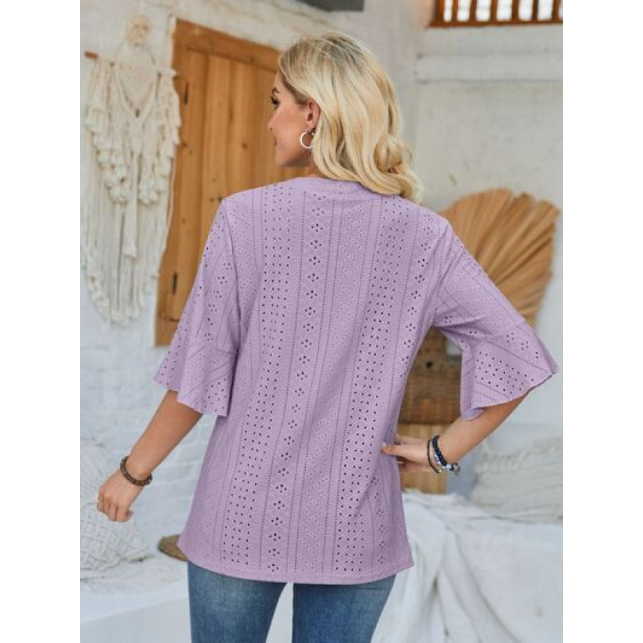 Eyelet Notched Half Sleeve T - Shirt Apparel and Accessories