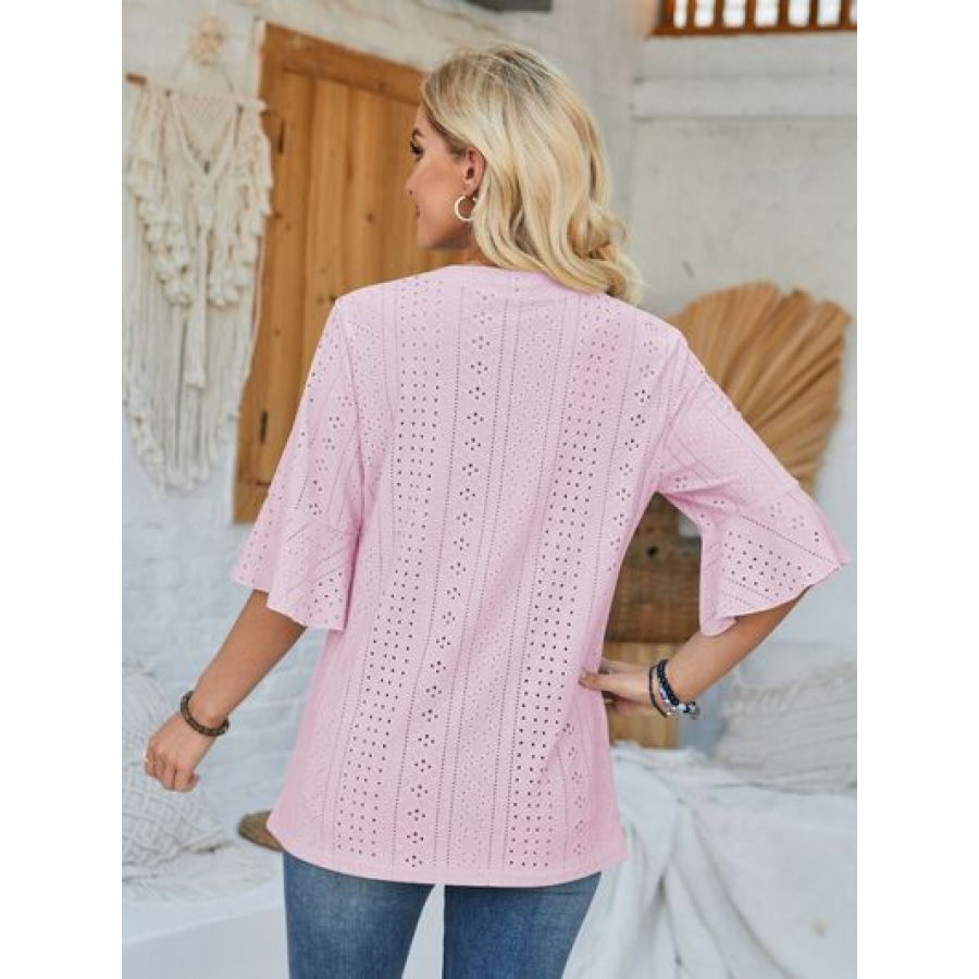 Eyelet Notched Half Sleeve T - Shirt Apparel and Accessories