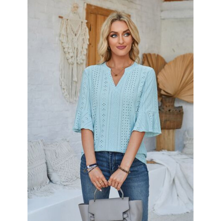 Eyelet Notched Half Sleeve T - Shirt Apparel and Accessories