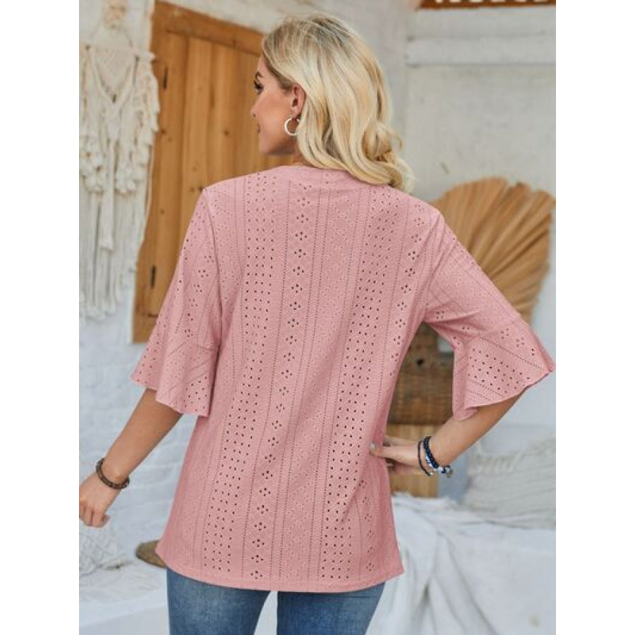 Eyelet Notched Half Sleeve T - Shirt Apparel and Accessories