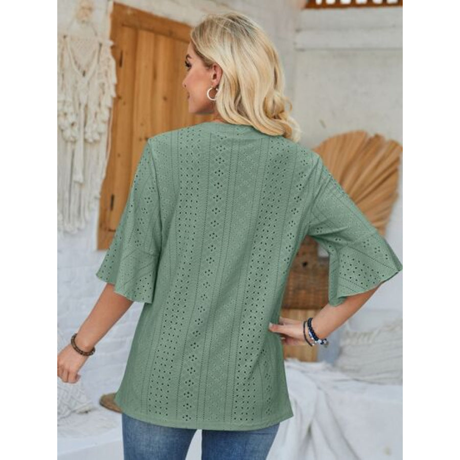 Eyelet Notched Half Sleeve T - Shirt Apparel and Accessories