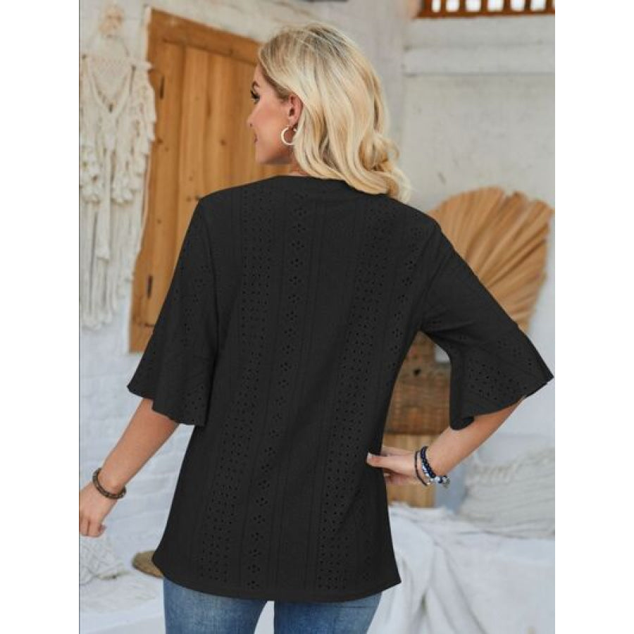 Eyelet Notched Half Sleeve T - Shirt Apparel and Accessories