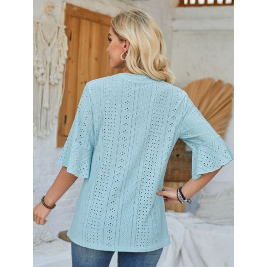 Eyelet Notched Half Sleeve T - Shirt Apparel and Accessories