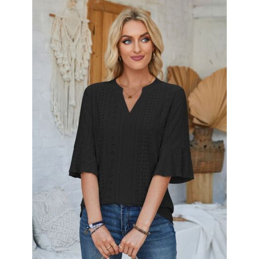 Eyelet Notched Half Sleeve T - Shirt Apparel and Accessories