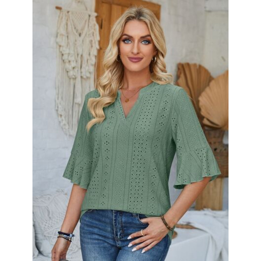 Eyelet Notched Half Sleeve T - Shirt Apparel and Accessories