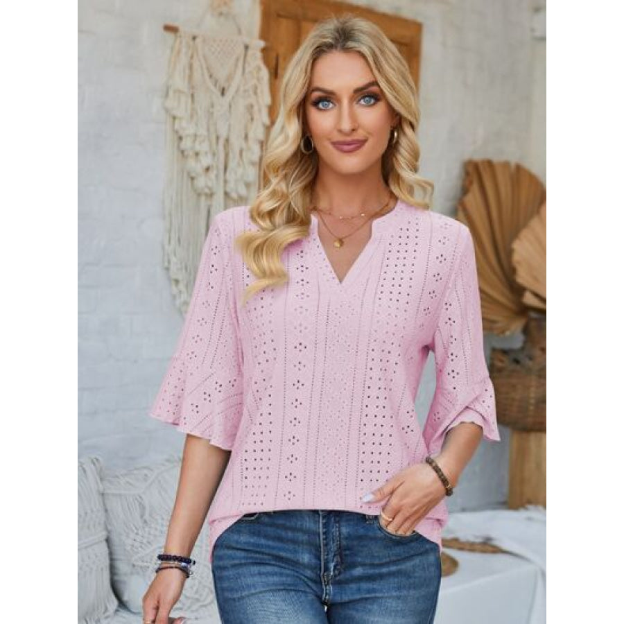 Eyelet Notched Half Sleeve T - Shirt Blush Pink / S Apparel and Accessories