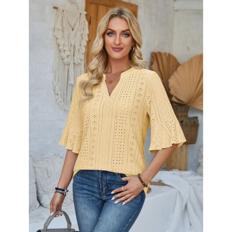 Eyelet Notched Half Sleeve T - Shirt Butter Yellow / S Apparel and Accessories