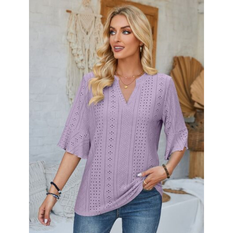 Eyelet Notched Half Sleeve T - Shirt Lavender / S Apparel and Accessories